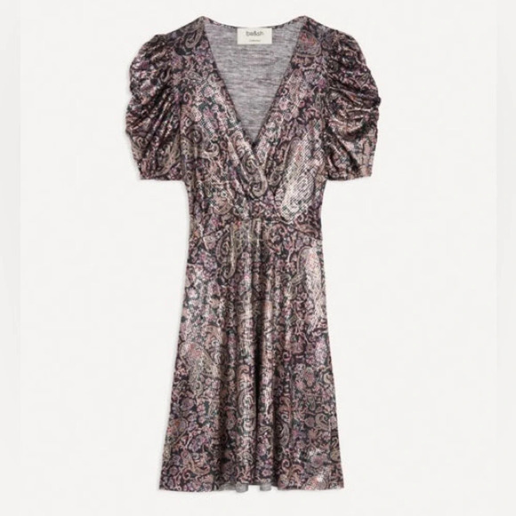 ba&sh Gala Metallic Cross Top Gathered Puff Sleeve Mini Dress - Picture 4 of 15
